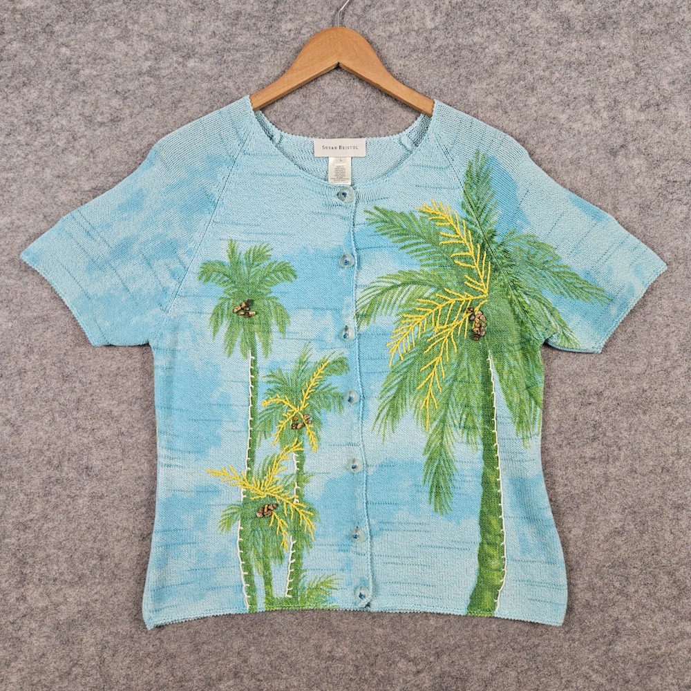 Susan Bristol Women's Blue Cardigan Size L Cotton Blend Palm Trees Rock Coconuts - Picture 2 of 11